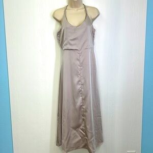 Mod Ref - Shiny Polyester Strappy Side Zipper Silver Maxi Dress Size Small